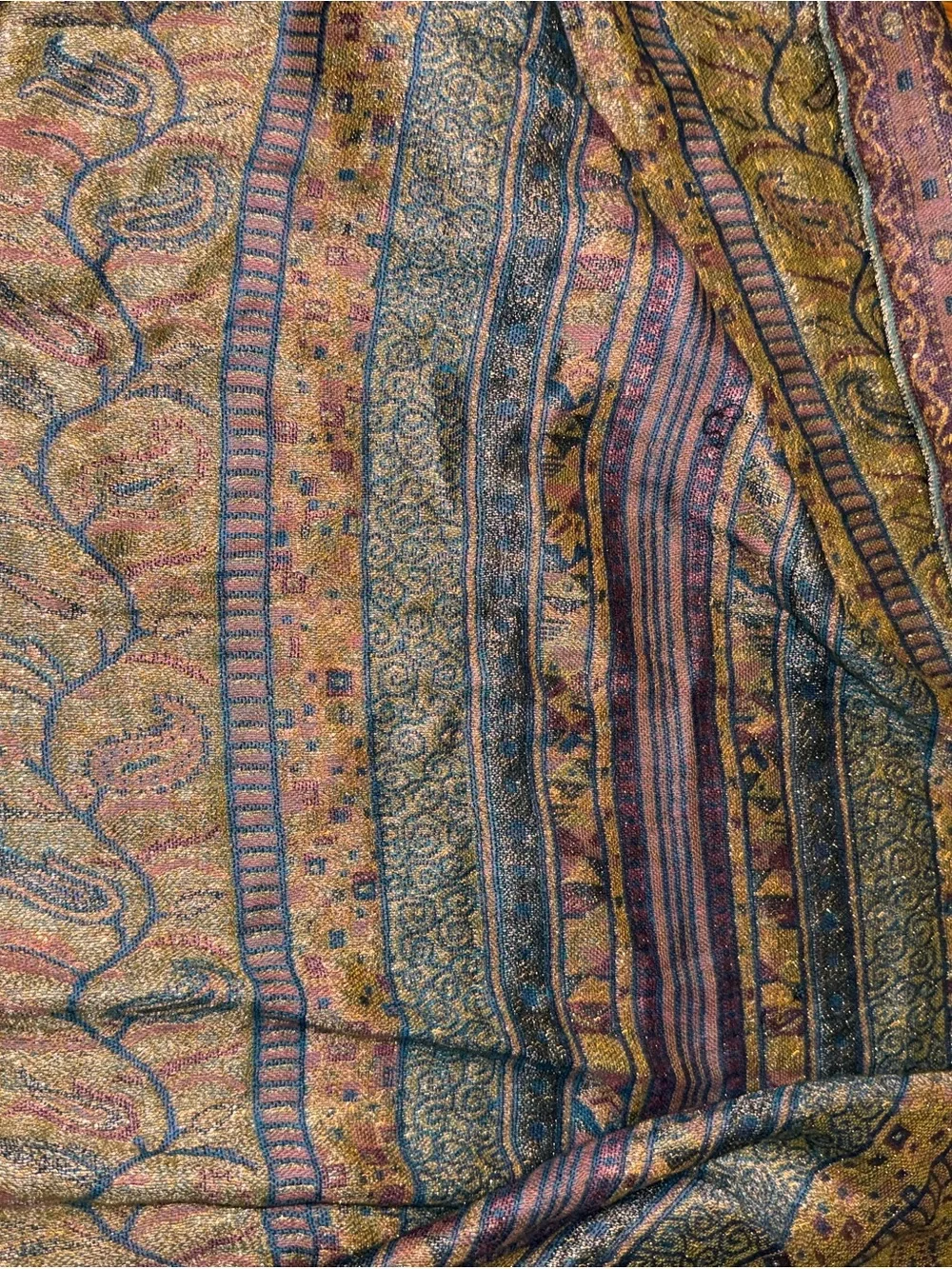 pashmina Multicolor Paisley Fringe Wrap in Gold, Teal, Rust 100% Pashima